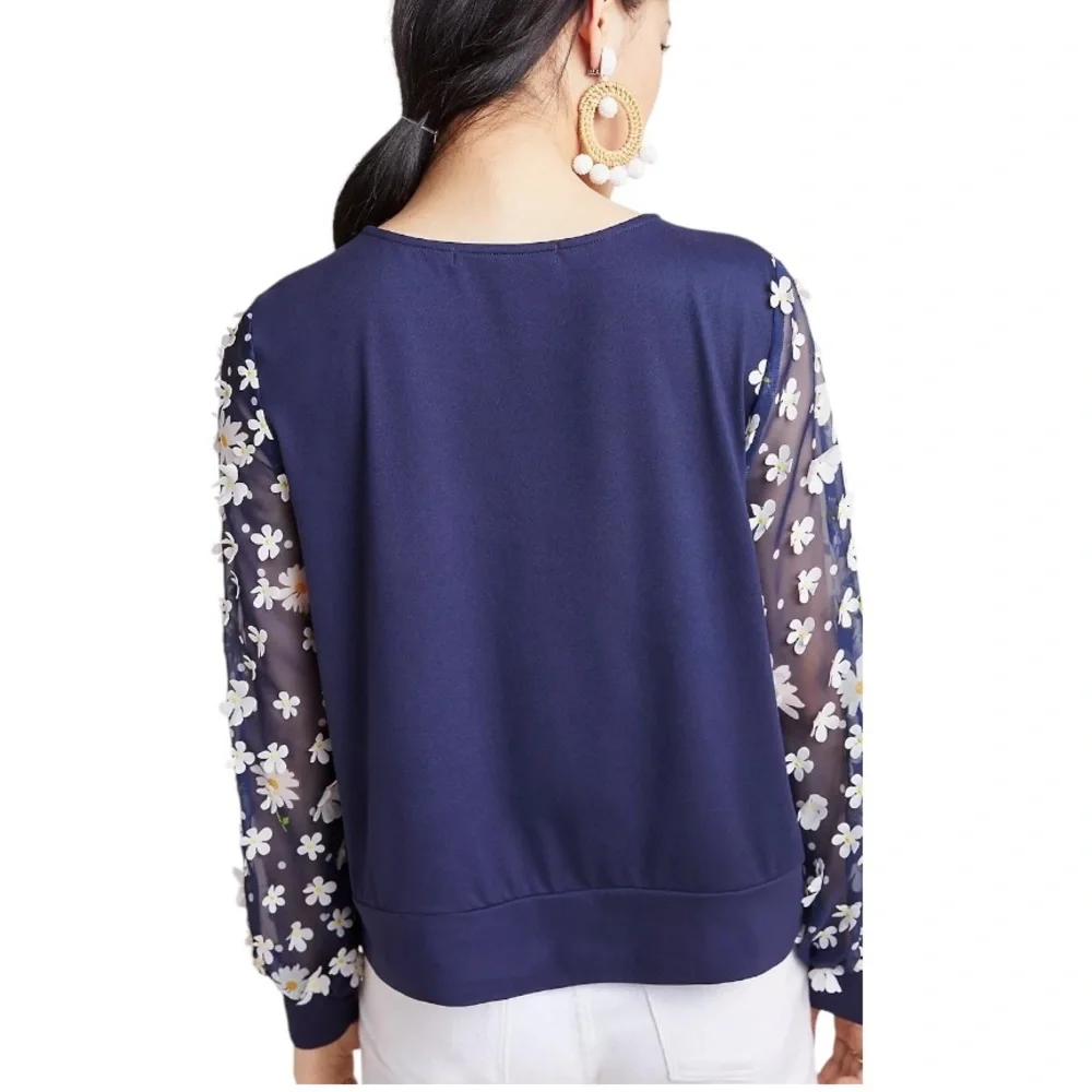 Anthropologie Eva Franco Becky Navy Blue White Daisy Appliqué Top - XS